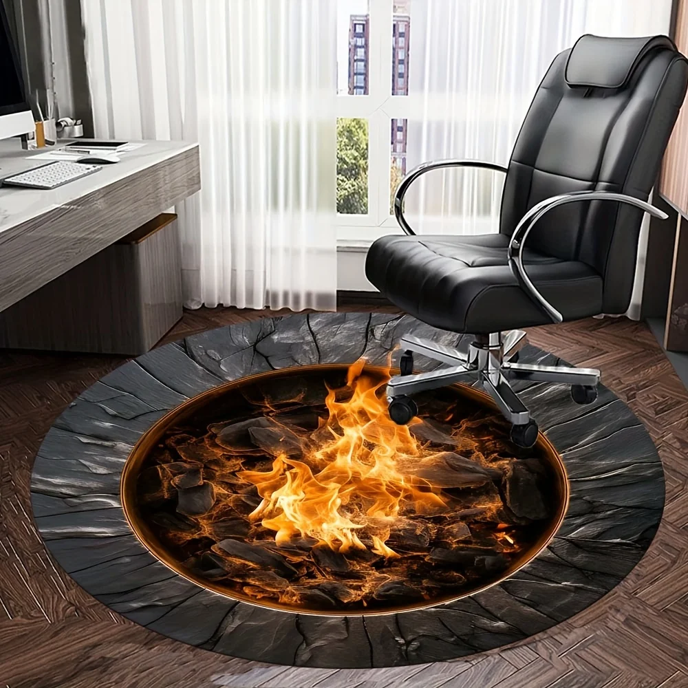 3D Fire Round Rug - Charcoal Flame Illusion Non-Slip Carpet for Living Room & Office Decor