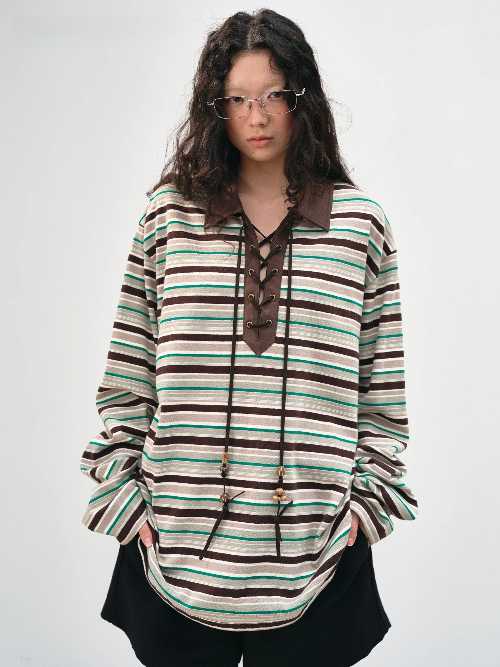 VERMO Long Sleeve  Shirt Suede Velvet Patchwork Loose Fit Drawstring Vintage Stripe Pattern Unisex Breathable Cotton Blend
