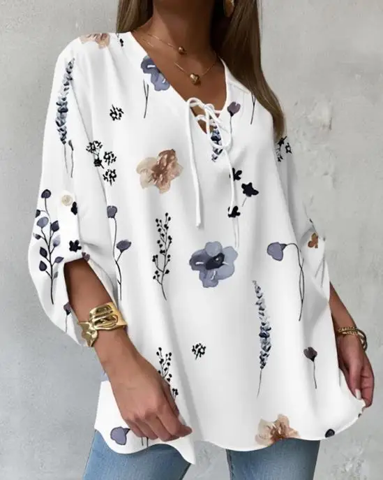 

2026 Elegant New Fashion Watercolor Floral Print V-Neck Roll Up Sleeve Tie Front Blouse Casual Loose Fit Top
