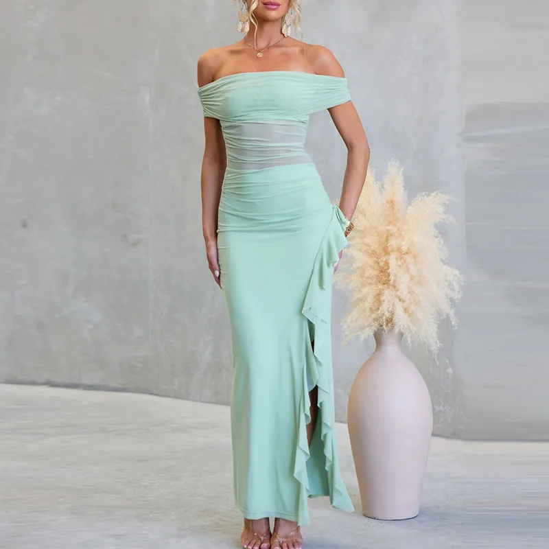 Vestido de fiesta con espalda descubierta y agujeros para mujer, vestido elegante de Color sólido con volantes y abertura, vestidos de dama de honor ajustados de malla de verano