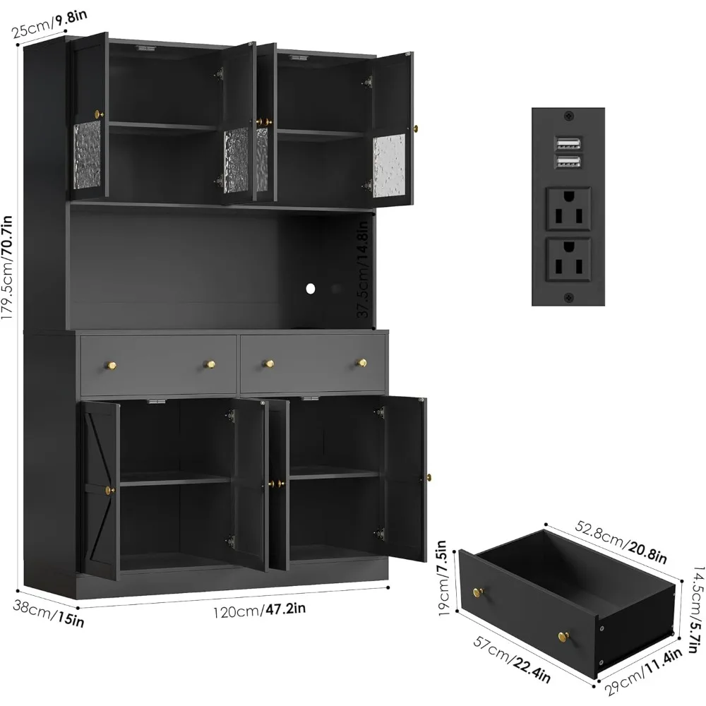71 Inch Pantry with LED Light and Charging Station, Farmhouse Kitchen Pantry with Microwave Mount, 47.2 Inch Wide Kitchen Pantry