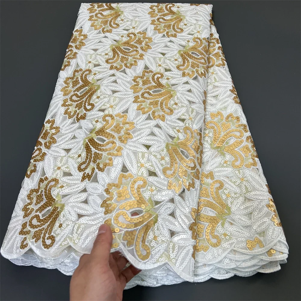 

High Quality 2025 African Nigerian Guipure Embroidery Organza Tulle Lace Fabric Party Gown Dress Sequins Wedding 5Yard