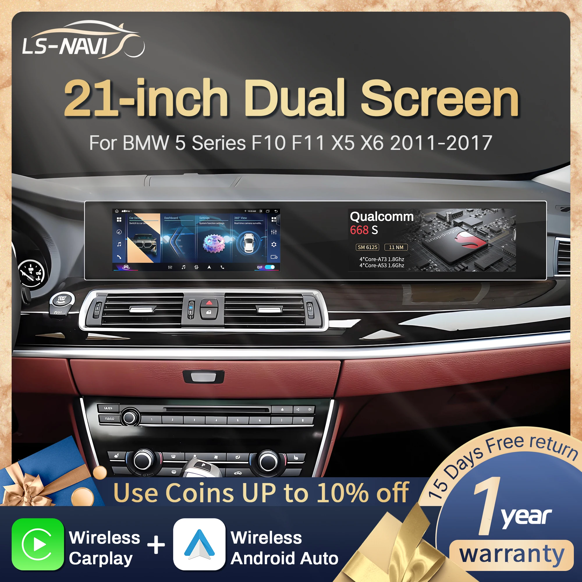 

21 inch For BMW 5 Series F10 F11 X5 X6 2011-2017 Android Radio Wireless Apple Bluetooth Carplay Multimedia Touch Screen Stereo