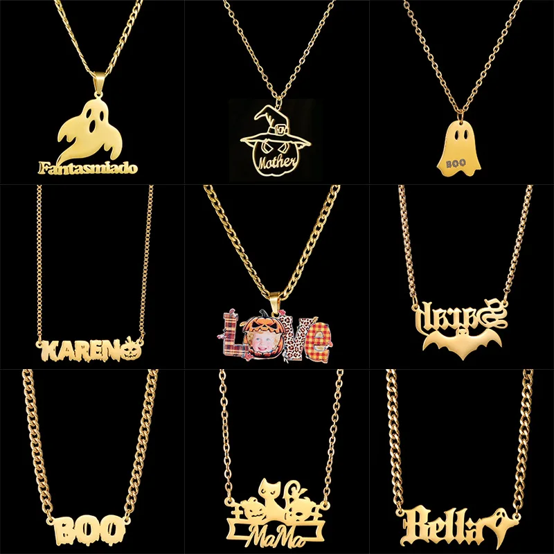 Auxauxme Custom Halloween Name Necklace for Women Men Stainless Steel Personalized Pumpkin Bat Ghost Nameplate Pendant Jewelry