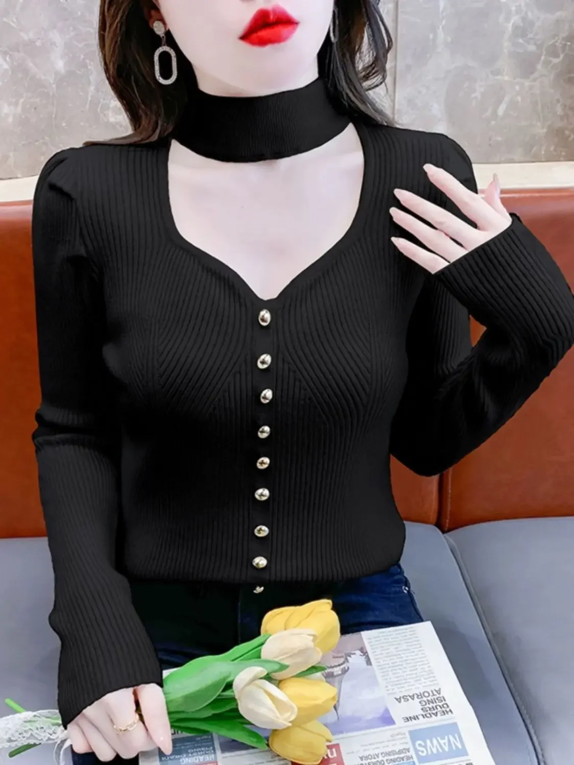 French Style Hanging Neck with Hollow Out Inner Lining Knitted New Versatile Slim Fit Small Fragrant Style Sweater for Women