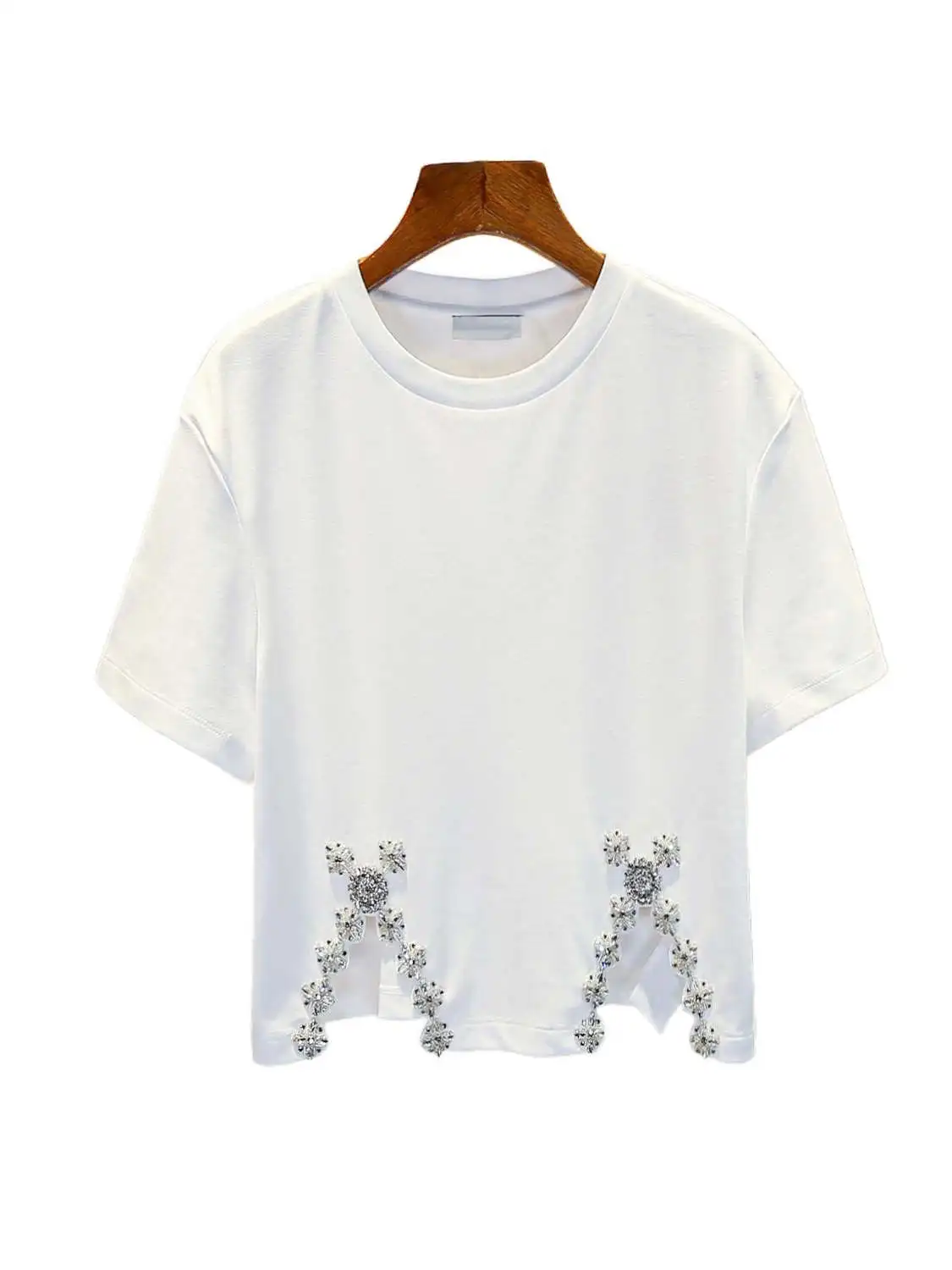 

S Home South Oil High End Women's Summer Casual Versatile Heavy Diamond Embellied Pure Cotton T-irt Top