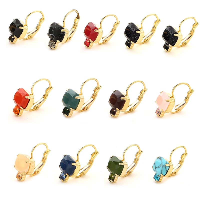 

Charm Fashion Gold Jewelry Classic Women Cute Gift Rectangle Multi Color Sliced Stone Clip Claw Rhinestone French Clip Earrings