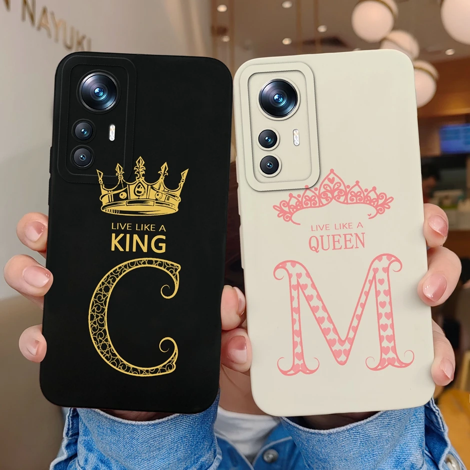 For Xiaomi 12T Case Luxury Crown Letters Black White Matte Liquid Silicone Shell For Xiaomi 12T Pro Shockproof Couple Fundas