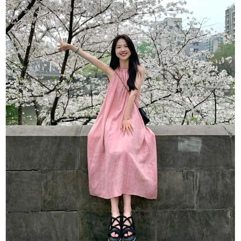 

Розовое платье с эффектом тай-дай, с завязками на шее, свободного кроя, женское, летнее, повседневное, стройнящее, с длинной юбкой, во французском стиле, с рукавами-фонариками, миди-платье