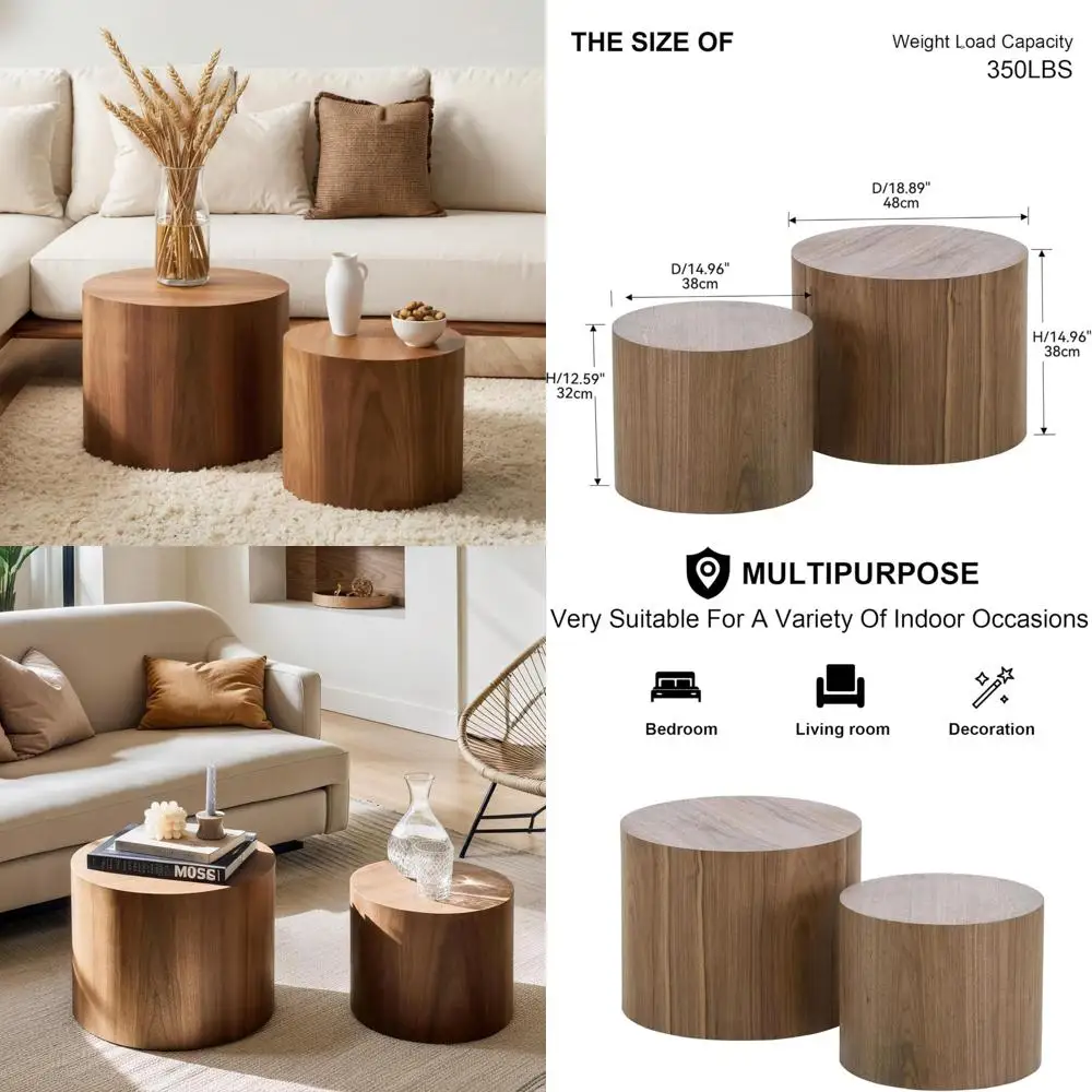 

Modern Circle Accent Coffee Table Set of 2, Nesting Wood Tables for Living Room, Small Space Friendly with Non-Slip Feet