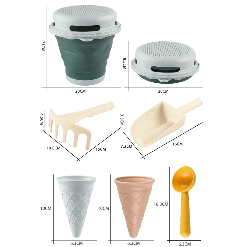 Juguetes de playa, cubo de transporte plegable, cubo de arena, pala 7 en 1, rastrillo, helado, playa para niños
