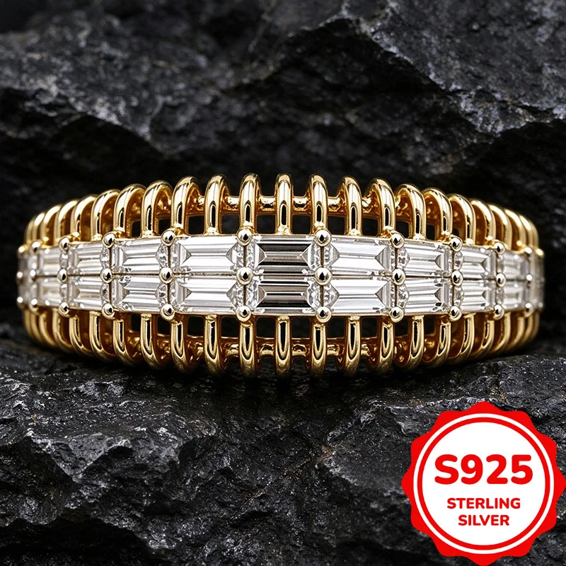 Authentic S925 Sterling Silver Ring 14K Gold Baguette Cubic Zirconia Ring for Women Hollow Stacking Wedding Finger Jewelry