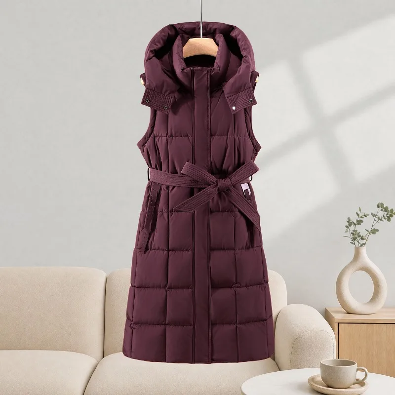 2026 Winter Down Cotton-padded Jacket Women's Long Parkas Detachable Sleeve Hooded Coat Sashes Slim Thicken Streetwear Outerwear