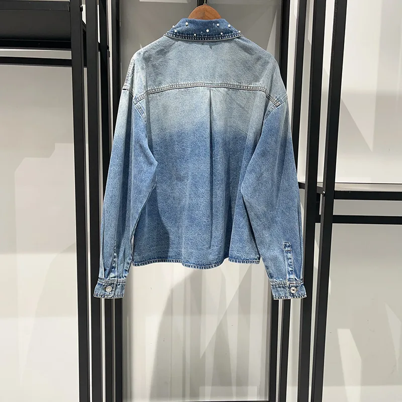 Niche 2025, lente/zomer parel-rijn-diamant denim overhemd, knap damespak