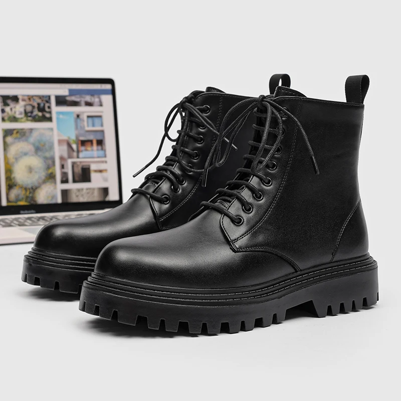 Men Black Smooth Genuine Leather Lace‑Up Ankle Work Boots Chunky Lug Thick Platform Sole Anti‑Slip Wear‑Resistant Soft Collar