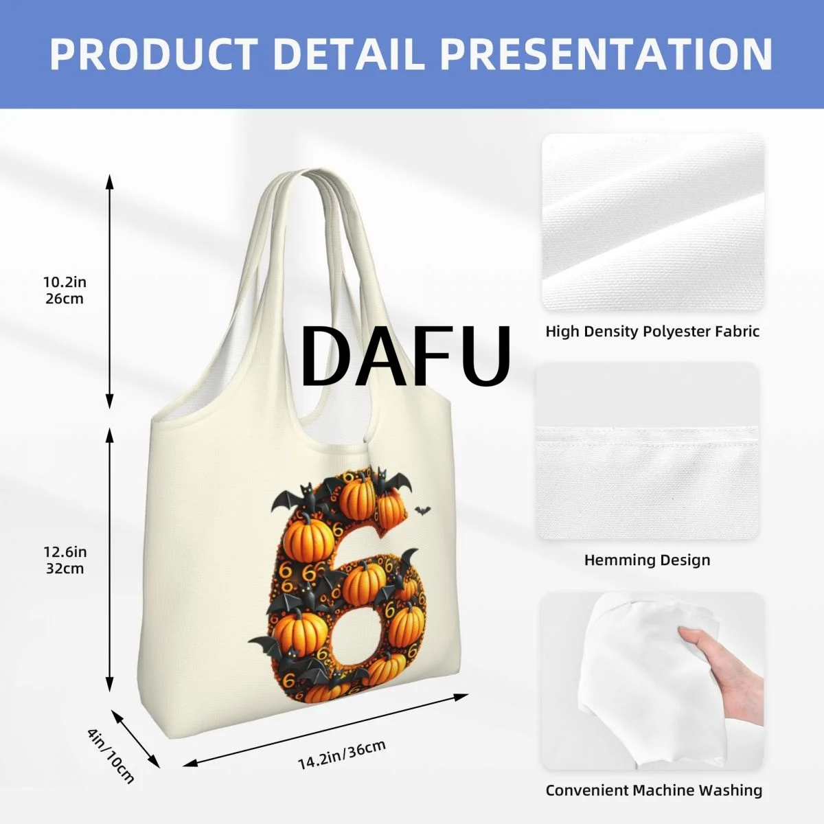 Batty Pumpkin Number 6 Funny Halloween Bat Pumpkin Tote Bag for Women - Gothic Canvas Shoulder Bag Shopping Commute Party