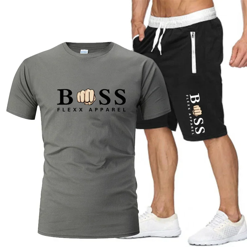 2024 Fashion Print New Sports Gym Running Men Cotton Round Neck T-shirt Summer Breathable Sports Casual Shorts Two Piece Sets