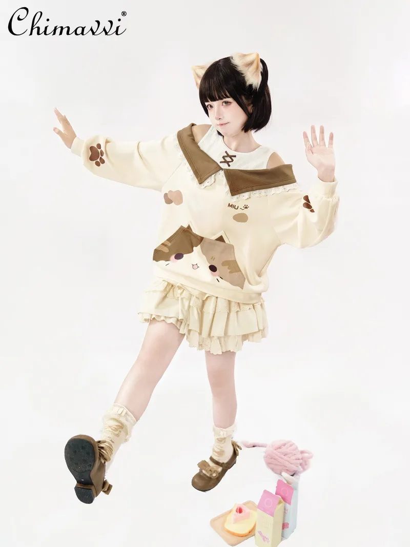 

Original Soft Girl Cute Cat Loose Off-Shoulder Sweatshirt Top Cake Skirt Two-Piece Set Autumn New Girls Women Y2k Outfit