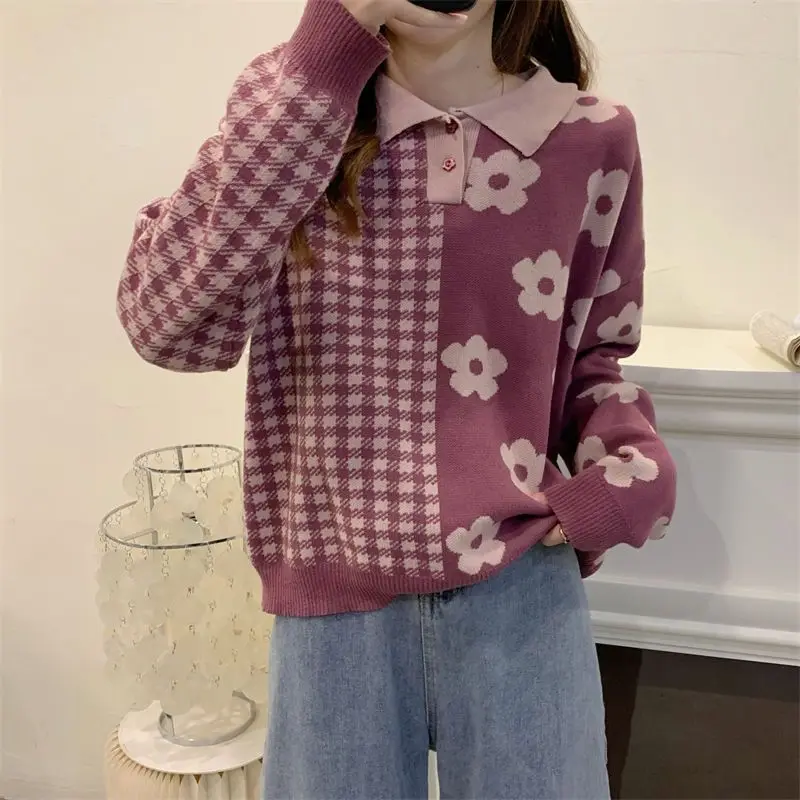 Vintage Plaid Spliced Polo-Neck Sweaters Autumn Winter Women\'s Clothing Fashion All-match Long Sleeve Knitted Tops For Female