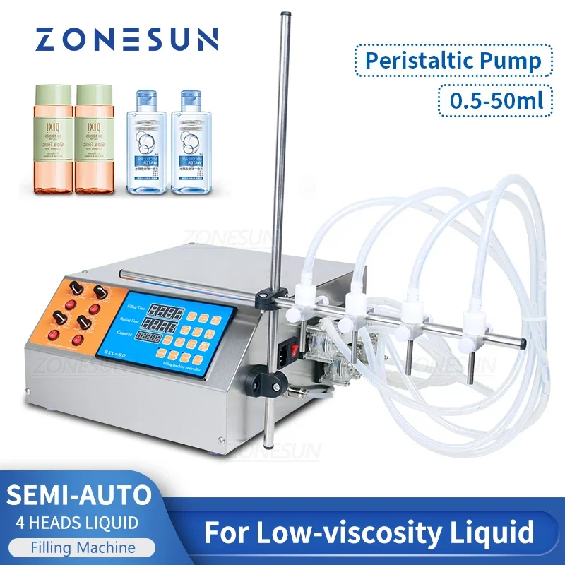 

ZONESUN 4 Heads Peristaltic Pump Filler Semi-auto Liquid Vial Desk-top Filling Machine For Juice Beverage Soy Sauce Oil Perfume