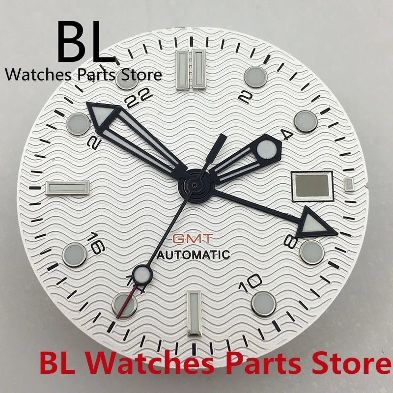 BL 31mm White Dial For Mens Watch Green Luminous Hand Fit NH34(GMT) Automatic Movement 3 o'clock Date Function