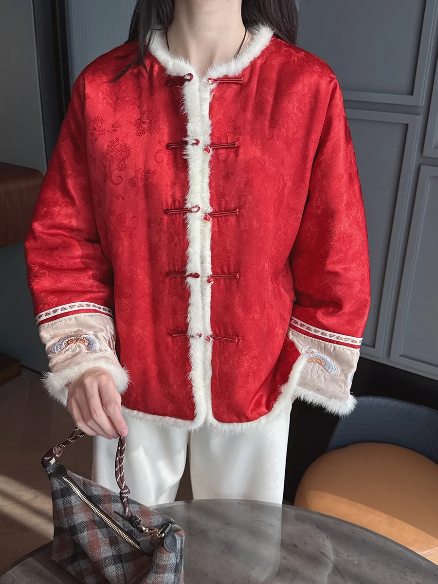 

New Year's Cotton Jaet Classical Ele Silken Fur Pattern Embroidery Faionable Chinese Sle Long Sve Loose Fit ...