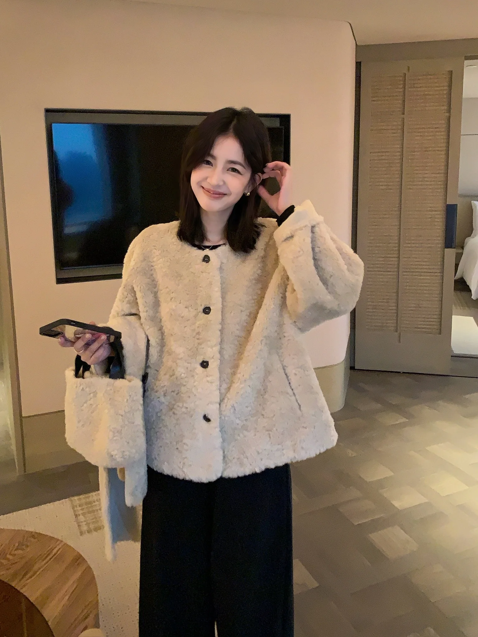 

Корейская женская куртка из овечьей шерсти с круглым воротником, осенне-зимнее пальто P25800, утепленное, из натуральной кожи и меха, для максимального тепла