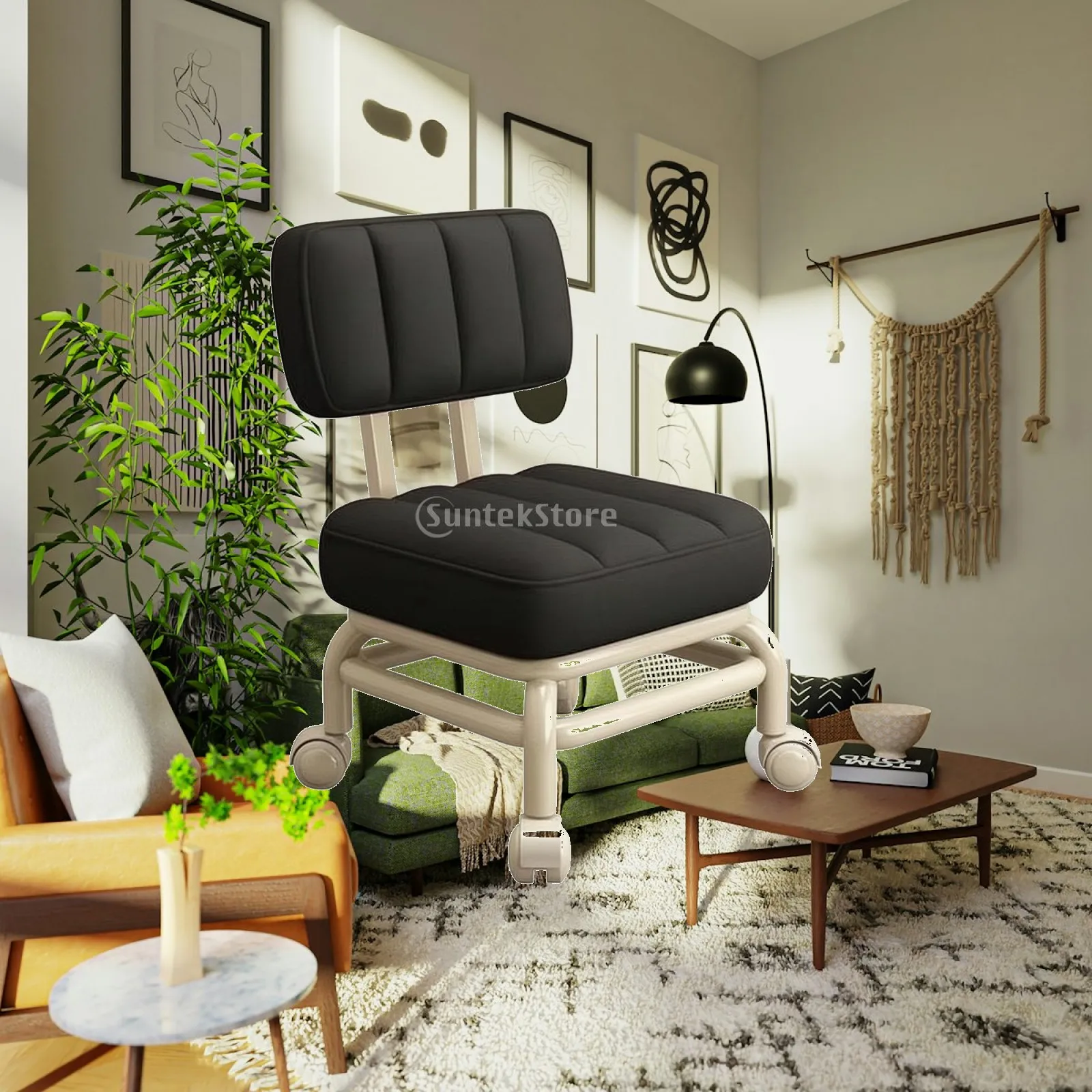 Channeled Padded Rolling Stool with Backrest Leather Upholstered Metal Frame Chair for Home Office Vanity Low Profile Seat