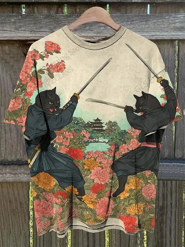 New Japanese Samurai Cat 3D Print T-Shirt Men Women Fashion Street Short Sleeve Tops Tees Kids Clothes Animal Oversized T Shirts
