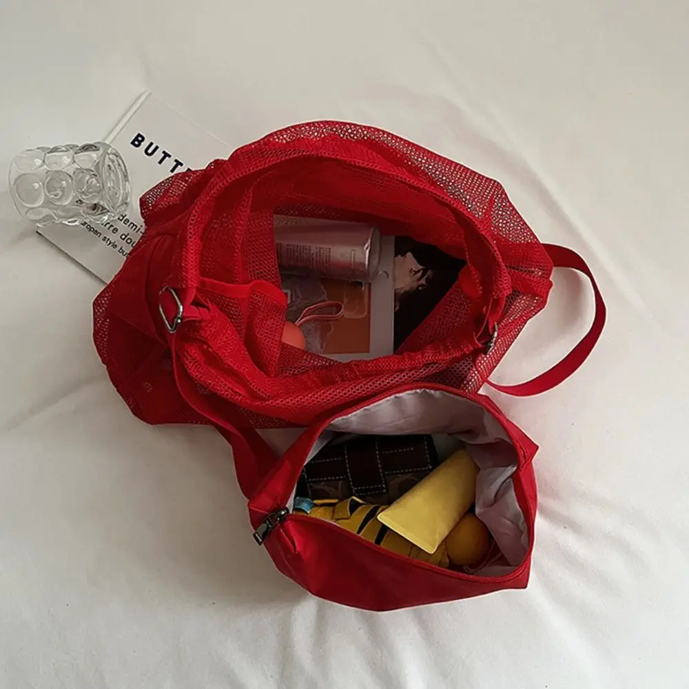 Sweet Korean Style Drawstring Backpack Portable Hollow Nylon Backpack Solid Color Shoulder Bag Mesh Beach Bag Women