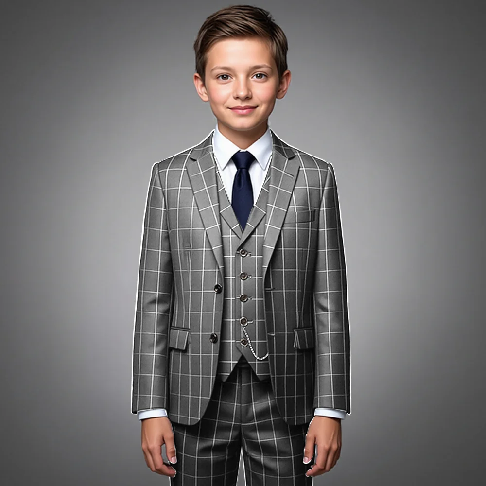 Boys' 3-Piece Suit Set — Plaid Texture Style — 