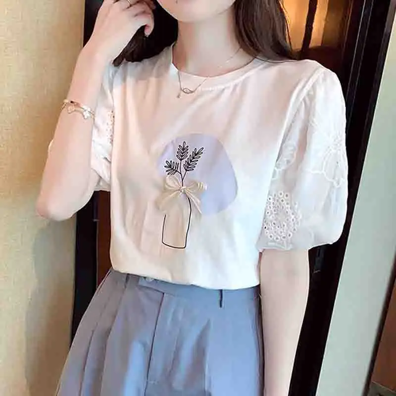 New Splicing Lace Short Sleeve Women\'s T-shirts Cotton Casual Summer White Women Tshirts Sweet Woman Tops Floral Clothes 8545