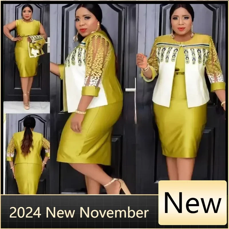 4XL 5XL Africa Plus Size Women Dress 2 Piece suit Spring Autumn New Round Neck 3/4 Sleeve Pleated Dress Large Size Clothes