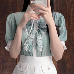 Thin Ribbon Bow Tie Cute Tops Preppy Style Vintage Japan Korea Elegant Office Lady Formal White Lace Ruffles Plaid Shirt Blouses