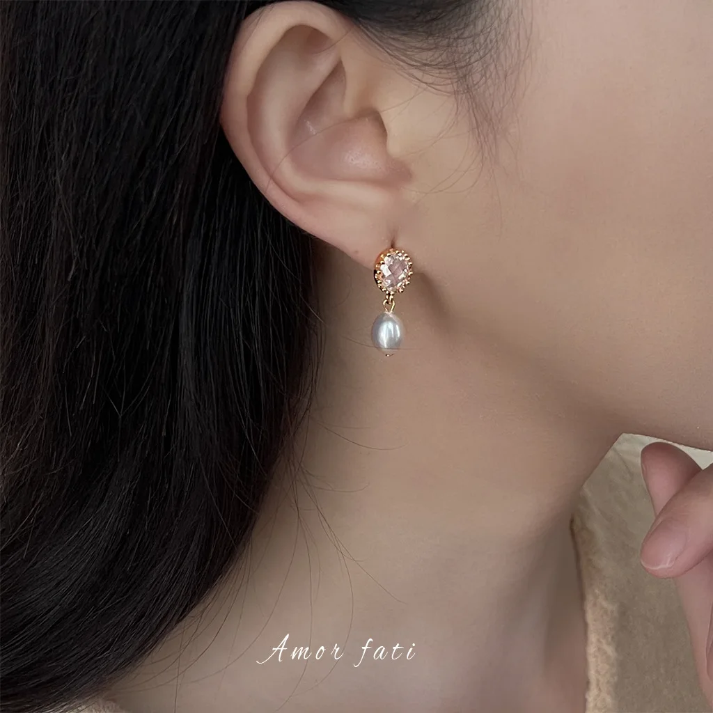 High Quality 7-8mm Rice Shape Freshwater Pearl Earrings for Women Shine Zircon 18K Gold Plated Earrings Jewelry Gift