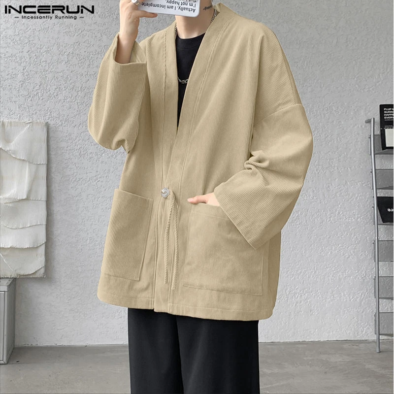 

INCERUN Men Shirt Solid Color V Neck Long Sleeve Cardigan Men Streetwear Oversize Korean Style Fashion Casual Men Clothing S-5XL