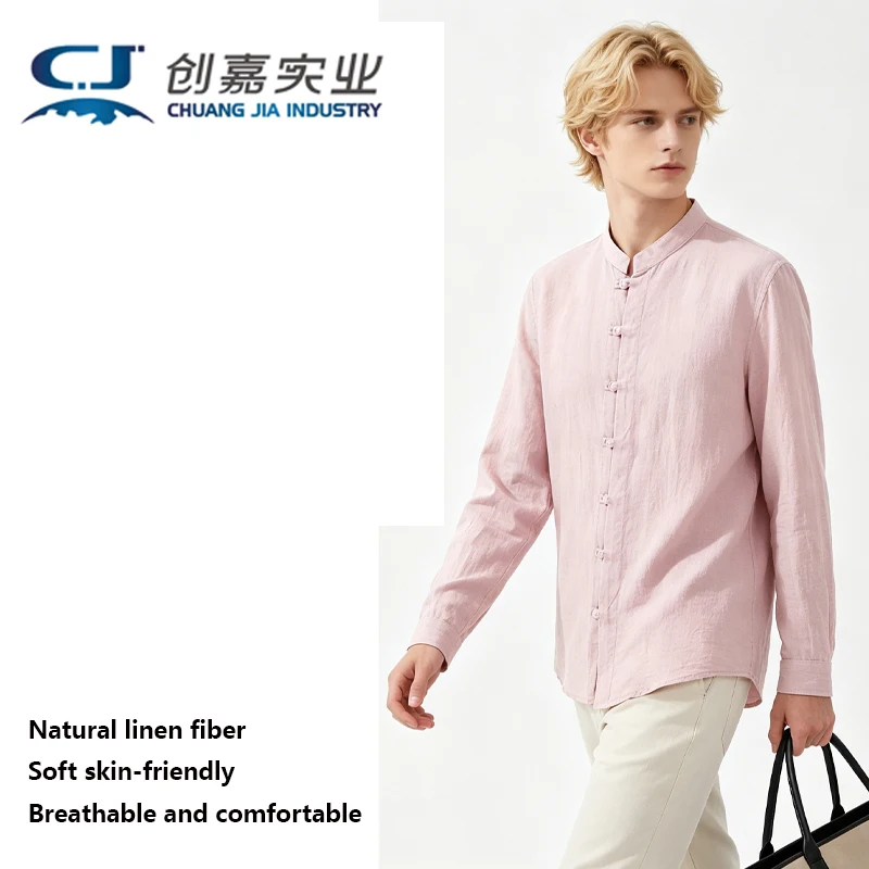 High-end Natural Linen Men's Long Sleeve Shirt White Stand Collar Button Retro Elegance Holiday Casual Relaxed Cool Breathable
