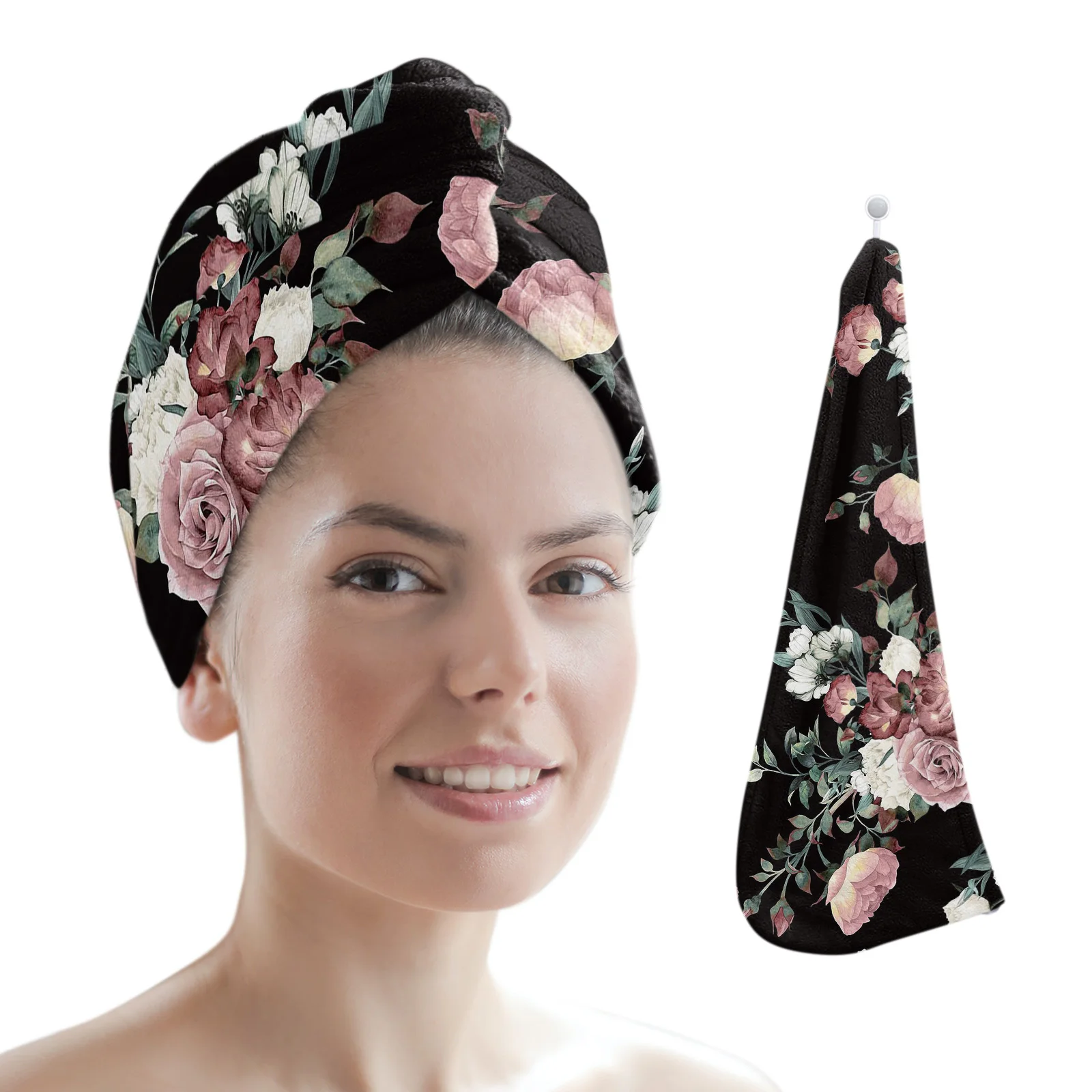 Black Background Modern Flower Art Women Hair Drying Towel Hat Shower Head Turban Quick Dry Hair Cap for Bathroom