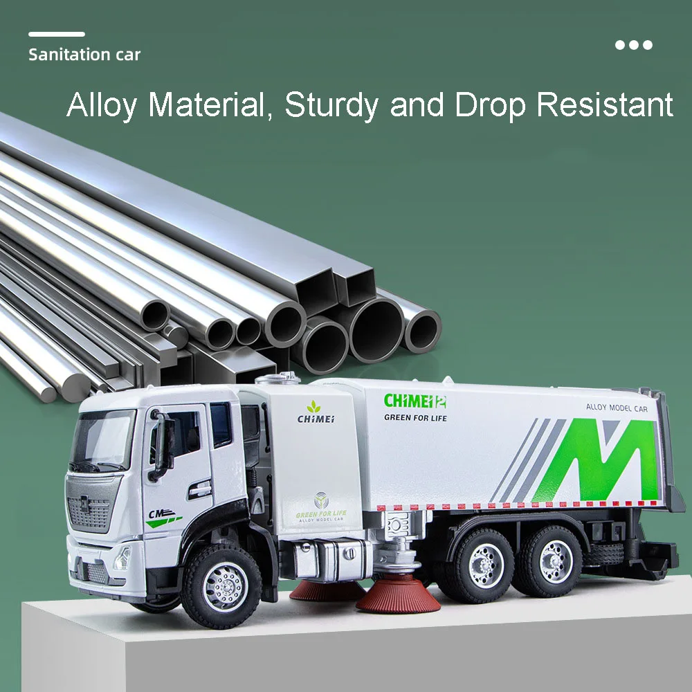รถของเล่นจำลองรุ่น 1:24 รถทำความสะอาดเมือง ผลิตจากโลหะหล่อขึ้นรูป พร้อมเสียงและไฟ ประตูเปิดได้ แบบดึงหลัง รถวิศวกรรม
