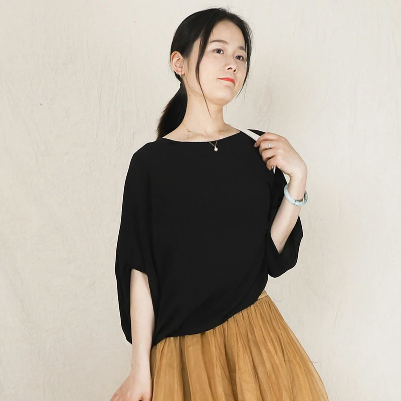 

Silk Batwing Sve round Ne T-irt Women Loose Fit Bla Slimming ort Sve Casual Versatile Comfortable Summer Top