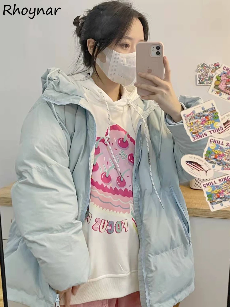 Parki z kapturem damskie luźne niebieskie słodkie w stylu preppy proste grube zimowe ciepłe hipsterskie jednolite z długim rękawem odzież moda koreańska popularne