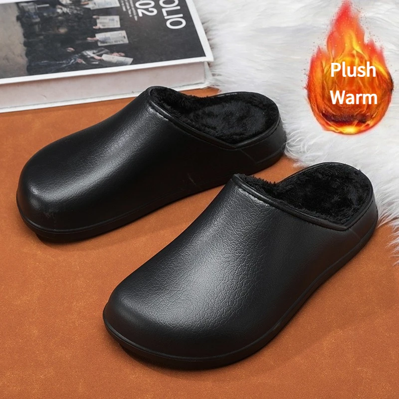 Winter Men's Cotton Shoes Anti-slip Soft Bottom Leather Surface Couple Waterproof Indoor Warm Fleece Comfortable Cotton Slippers