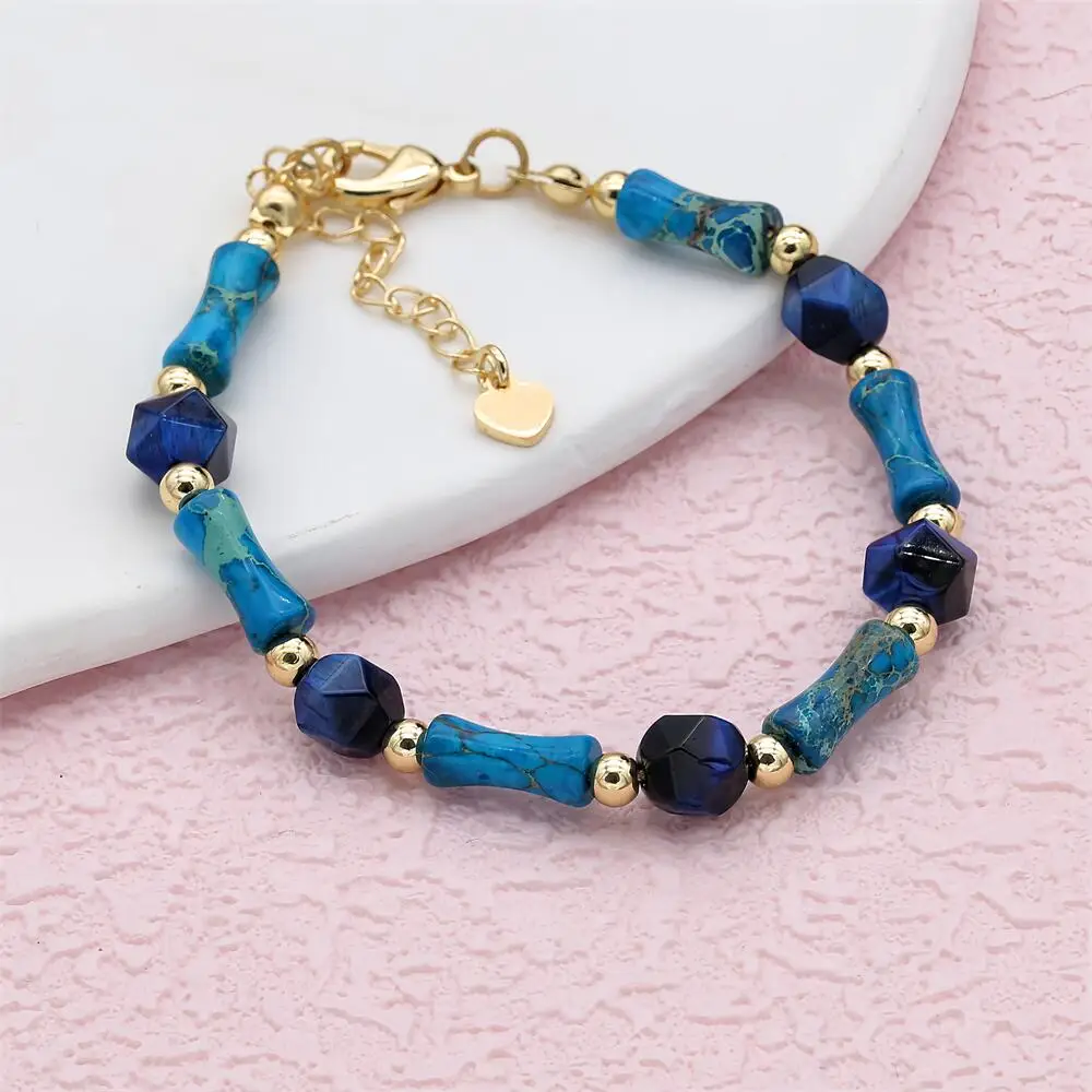 4*13mm Mixed Natural Stone Bamboo Joint Blue Tiger Eye Stone Strand Beaded Bracelet for Women Accessories Gold Plated