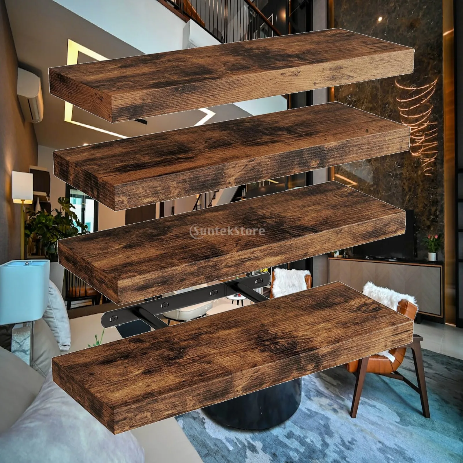 4 Pieces Wooden Floating Wall Shelf Slim Floating Shelf with Concealed Metal Bracket Shelves Rustic Heavy Duty
