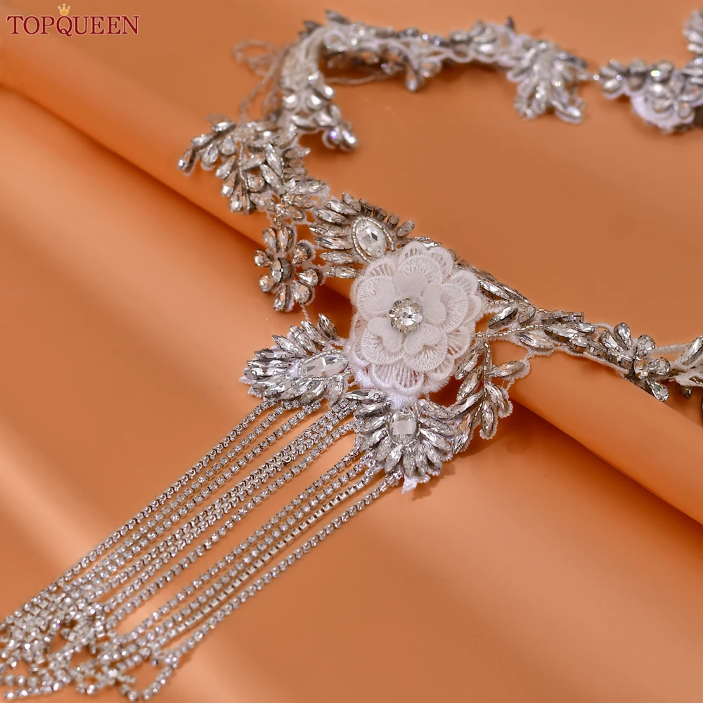 TOPQUEEN-Cadena de hombro para mujer, chal nupcial, accesorios de boda, collar de borla de diamantes de imitación, Bolero, vestido de encogimiento de hombros, SG23