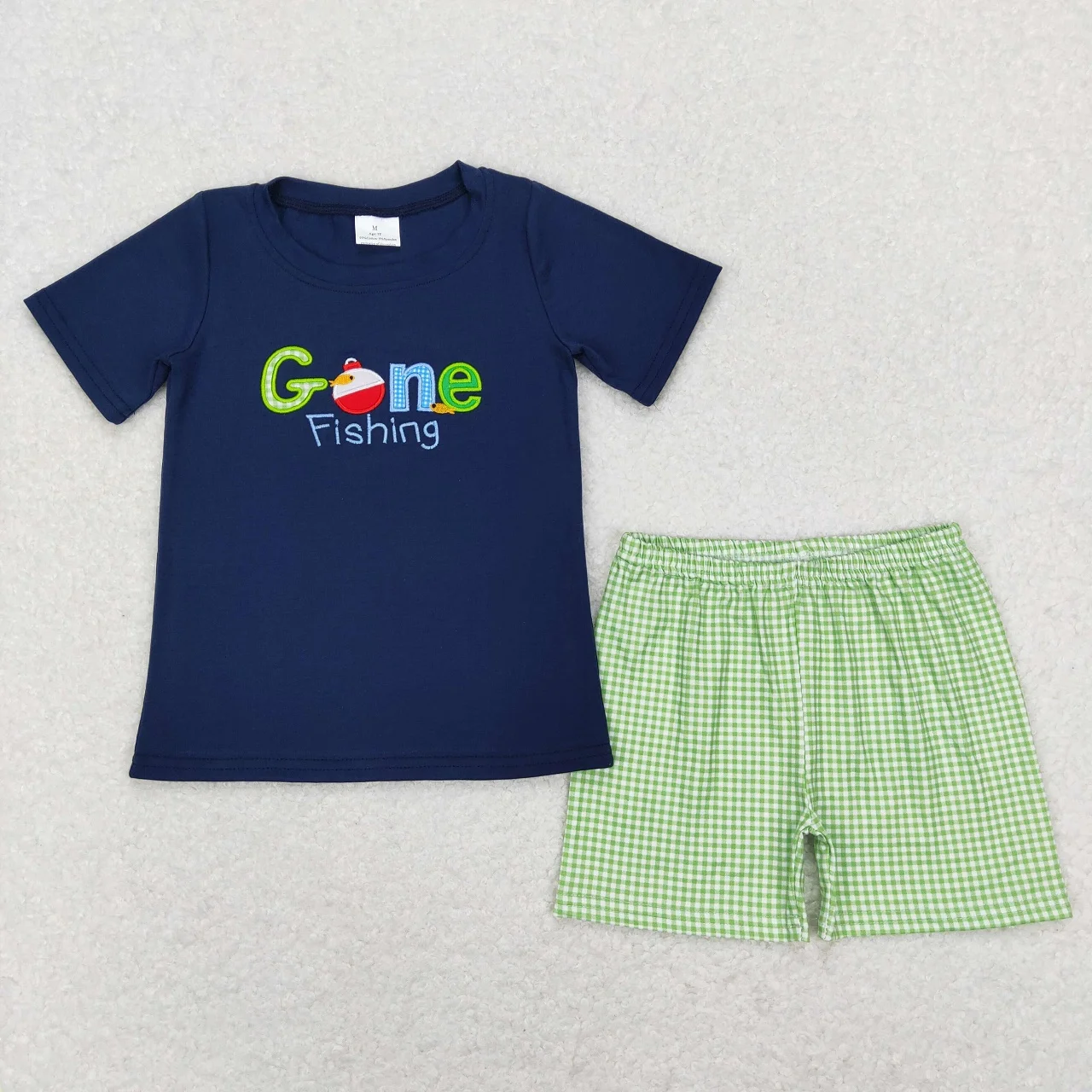 Wholesale Children Embroidery Fishing T-shirt Baby Boy Summer Short Sleeves Set Infant Toddler Green Plaid Shorts Kids Outfit