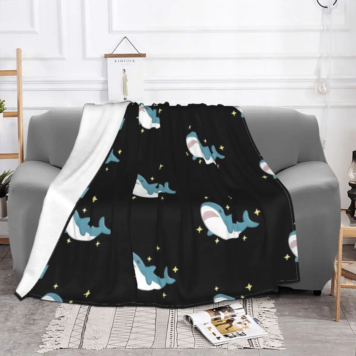 Blahaj The Shark (black Background) Blanket Bedspread On The Bed Travel Queen Size