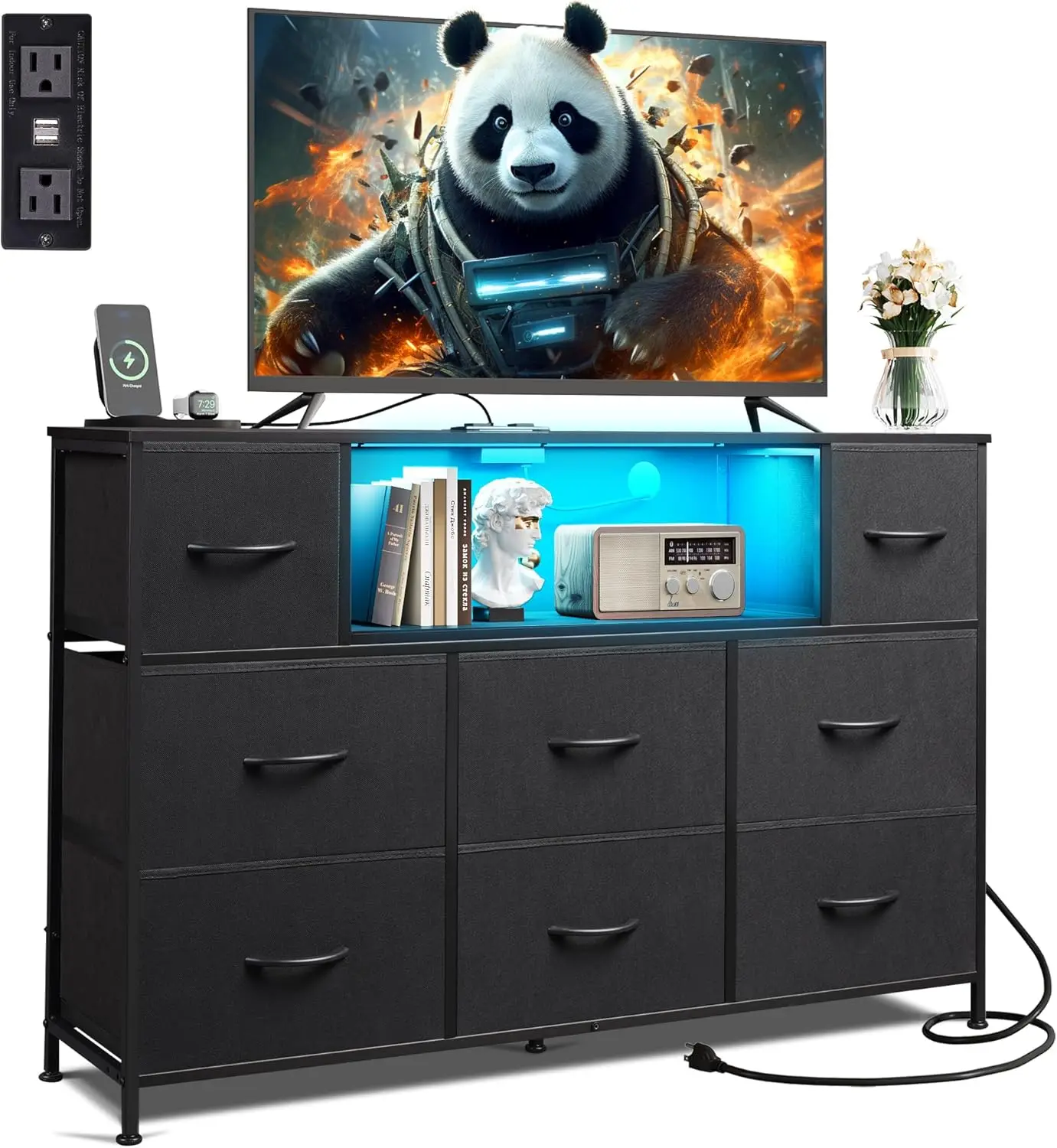 Black Dresser for Bedroom, TV Stand for Bedroom for 55 inch TV with Charging Station and LED Lights, Fabric Chest of Drawers wit