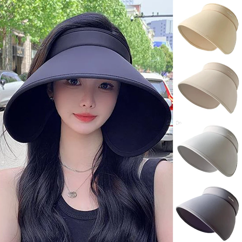 

Large Wide Brim Sun Hat Women Wrap-Around Full Face Sun Protection UV Hats Ice Silk Empty Top Beach Cap Riding Travel Sun Visors