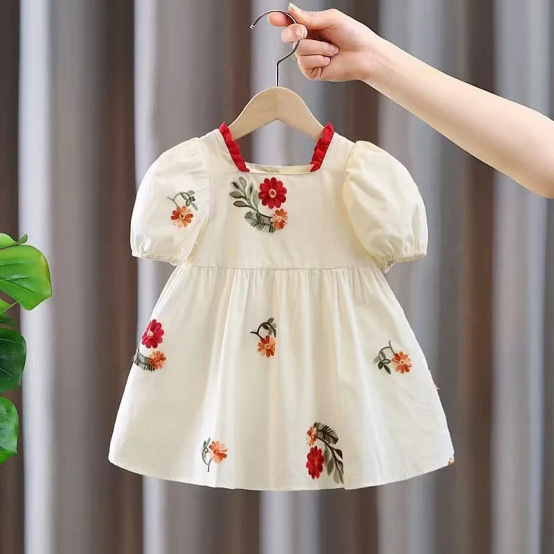 

Summer New Girl's Dress Cute Bubble Sleeves Embroidered Cotton Skirt Comfortable Children's Clothing Suitable for 2-8 Years Old